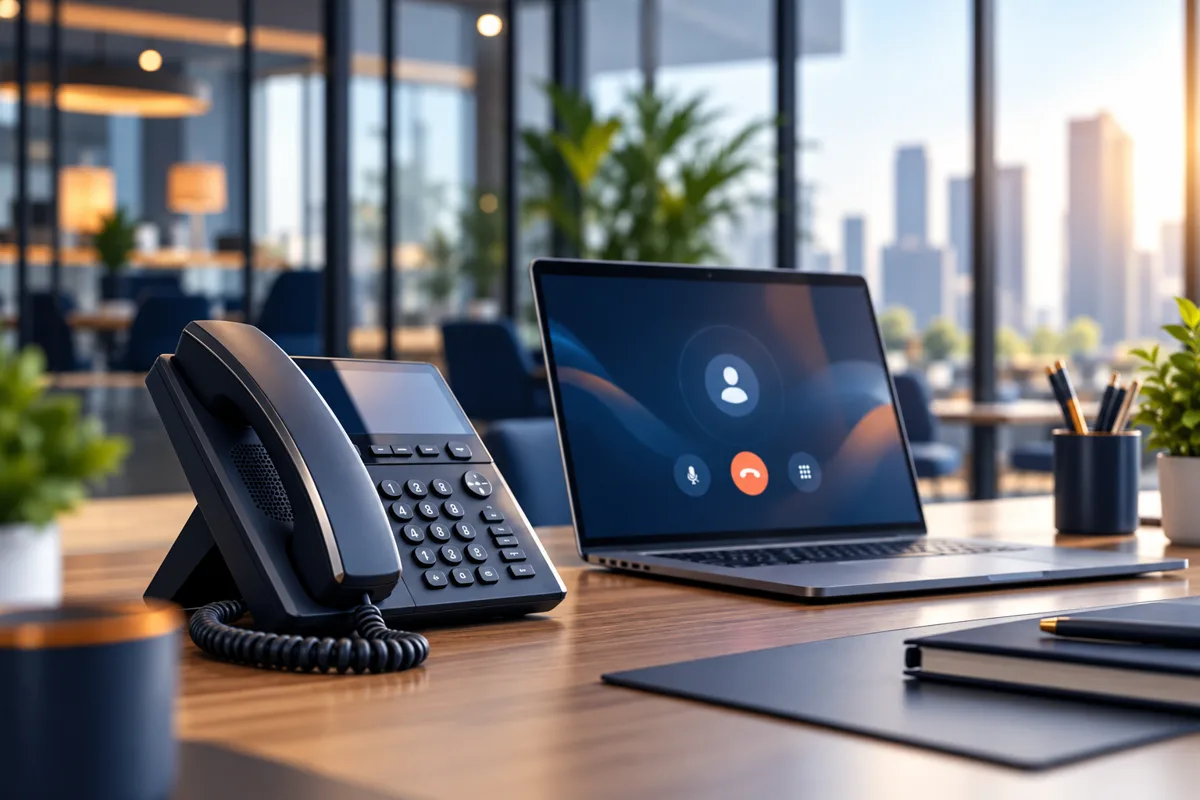 Illustration of a business telephone and computer calling